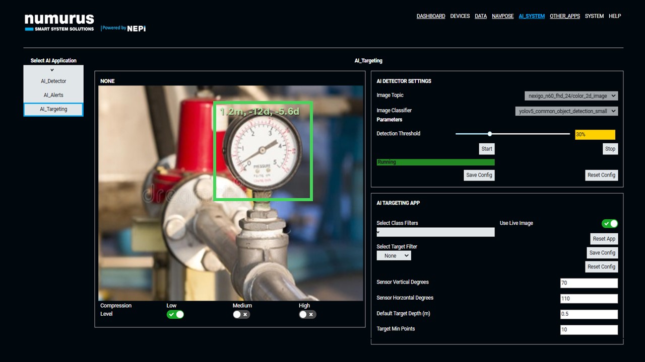 NEPI AI targeting interface showing object detection with bounding box and model configuration