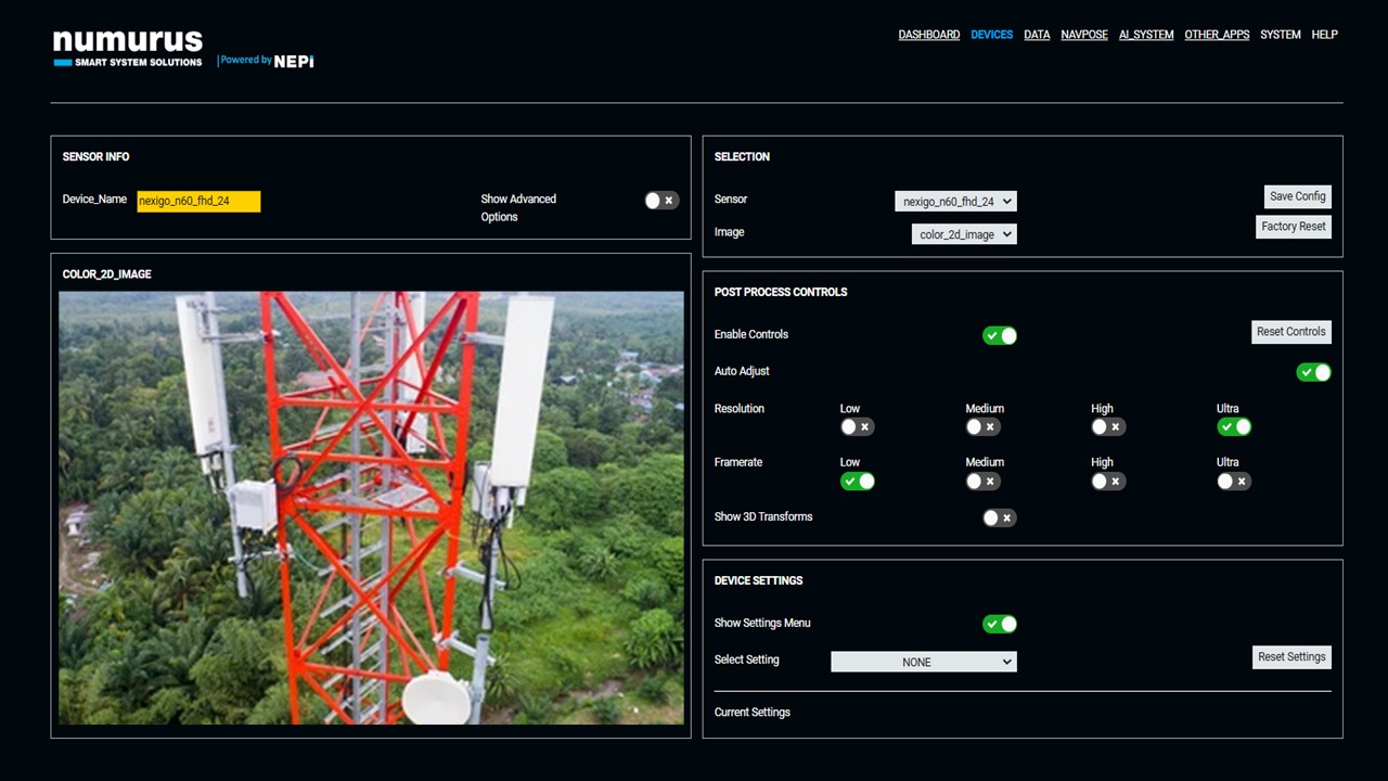 NEPI device configuration interface showing live camera feed with sensor controls and settings