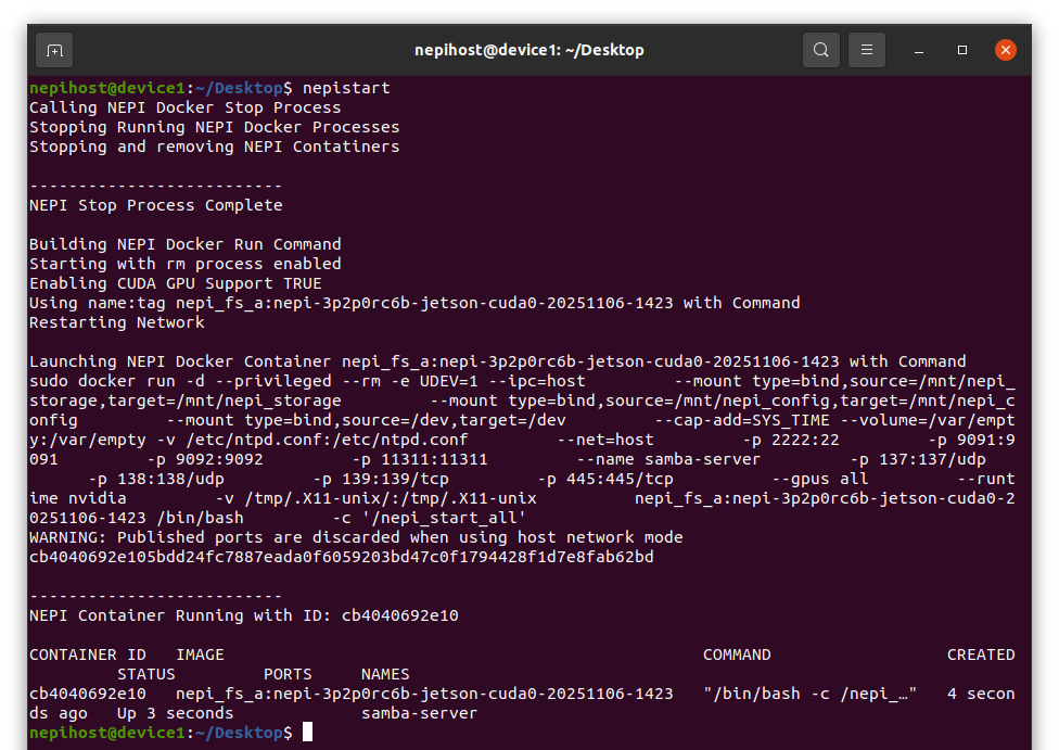 Terminal output showing NEPI container starting
