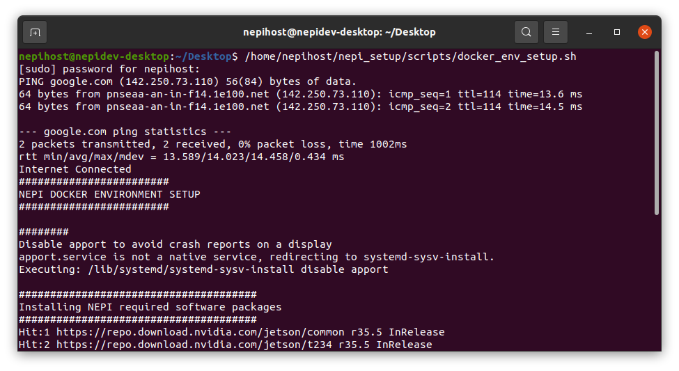 Terminal output showing environment setup