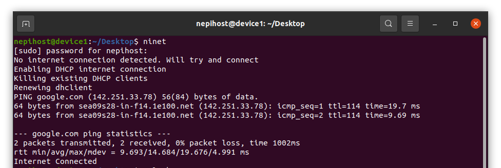 Terminal output showing internet connection