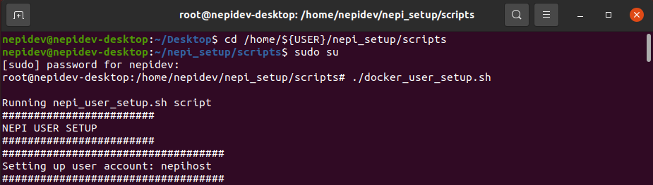 Terminal output showing user setup script