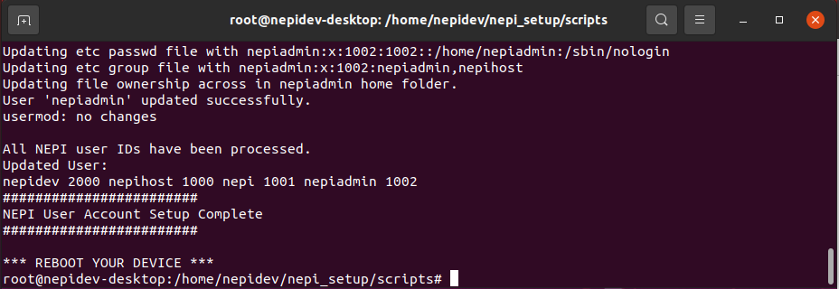 Terminal output showing user setup completion